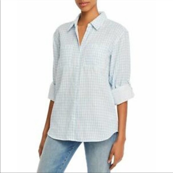 Joie NWT Lidelle Cotton Gauze Button Down Gingham Shirt Blue/White Size XXS $228 - Picture 2 of 14
